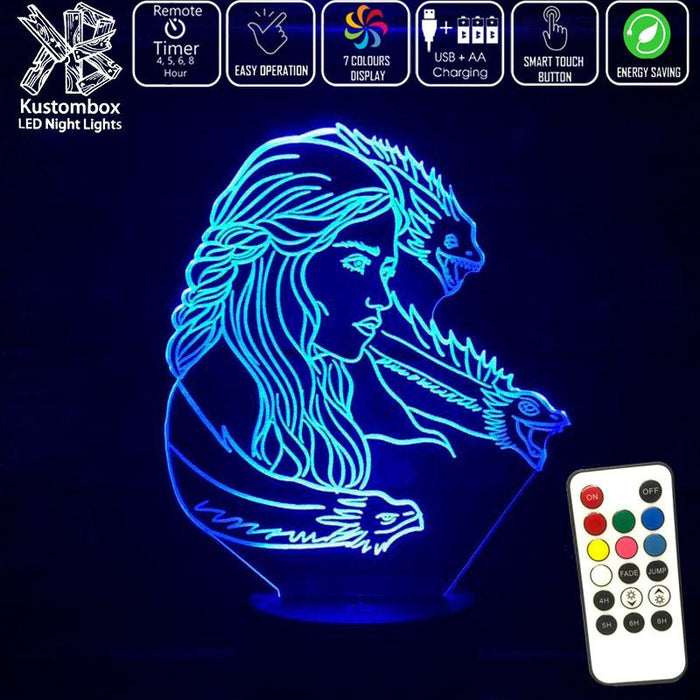 Game of Thrones Daenerys Targaryen - 3D LED Night Light 7 Colours + Remote Control - Kustombox