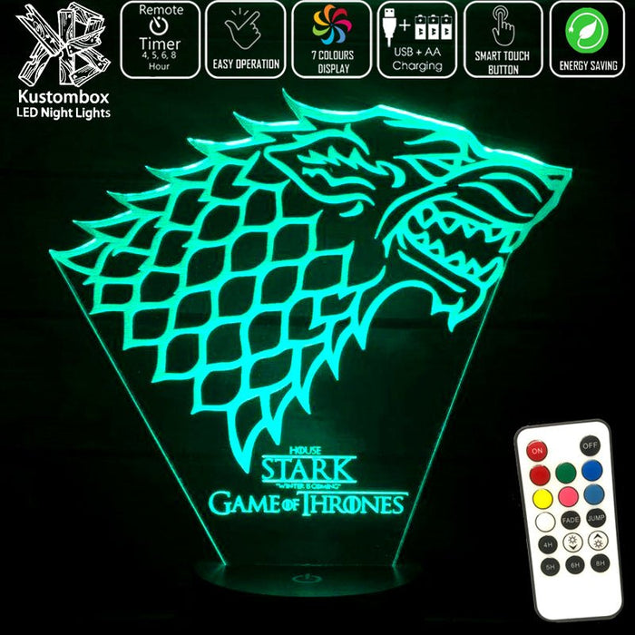 Game of Thrones Stark Sigil - 3D LED Night Light 7 Colours + Remote Control - Kustombox