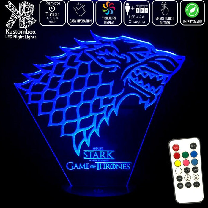Game of Thrones Stark Sigil - 3D LED Night Light 7 Colours + Remote Control - Kustombox