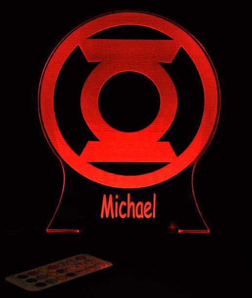 Green Lantern Logo Personalised Name - 3D LED Night Light 7 Colours + Remote Control - Kustombox