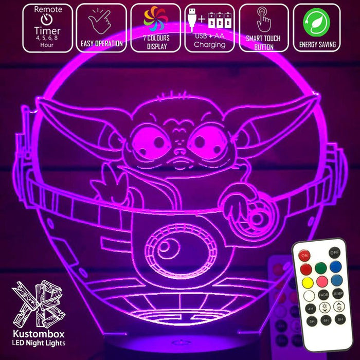 Grogu in Pod Yoda Mandolorian Star Wars - LED Night Light 7 Colours + Remote Control - Kustombox