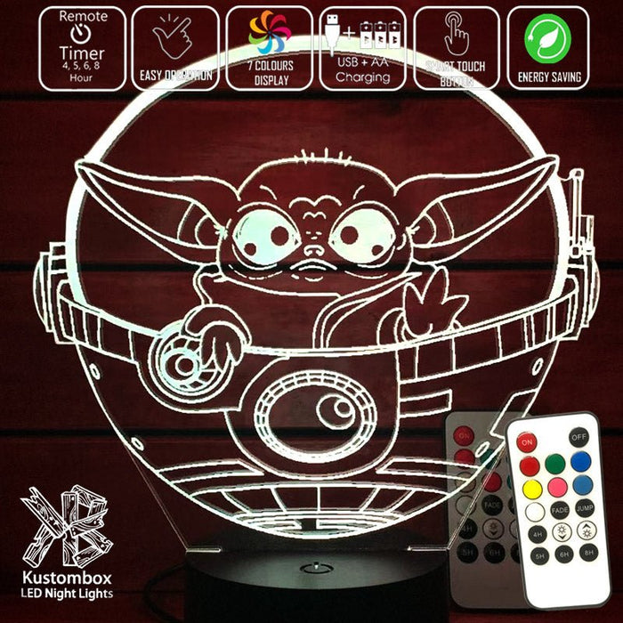 Grogu in Pod Yoda Mandolorian Star Wars - LED Night Light 7 Colours + Remote Control - Kustombox