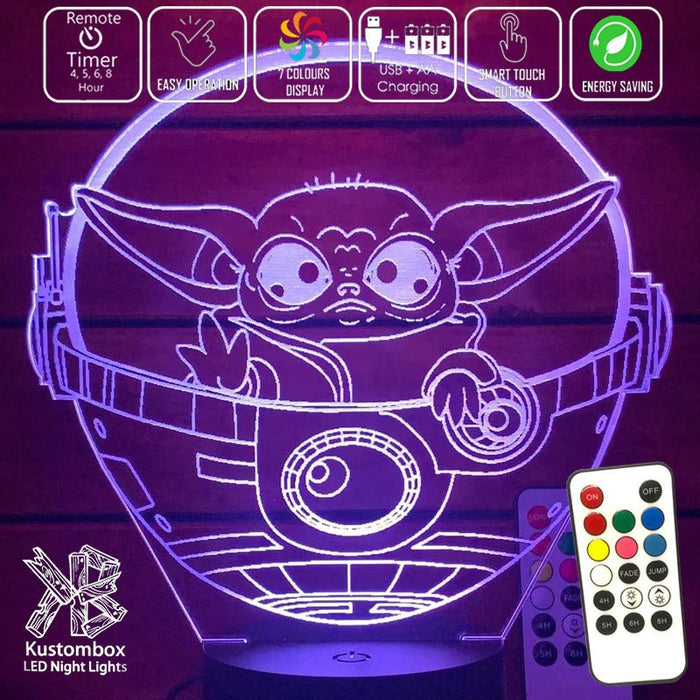 Grogu in Pod Yoda Mandolorian Star Wars - LED Night Light 7 Colours + Remote Control - Kustombox