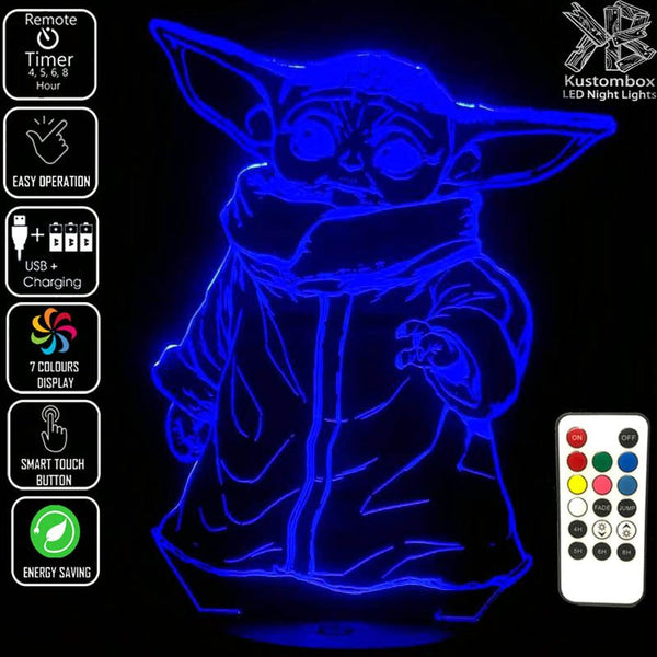 Groku Baby Yoda Mandolorian Star Wars - LED Night Light 7 Colours + Remote Control - Kustombox