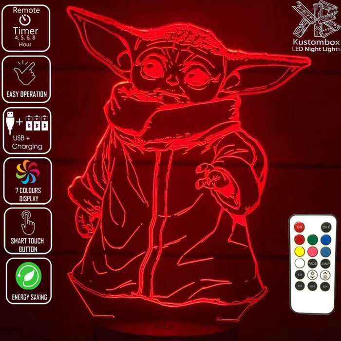 Groku Baby Yoda Mandolorian Star Wars - LED Night Light 7 Colours + Remote Control - Kustombox