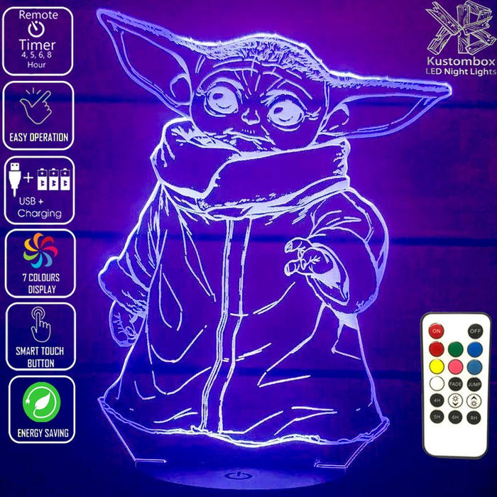 Groku Baby Yoda Mandolorian Star Wars - LED Night Light 7 Colours + Remote Control - Kustombox