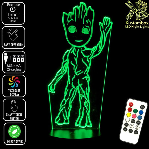 Groot Guardians of the Galaxy Marvel - 3D LED Night Light 7 Colours + Remote Control - Kustombox