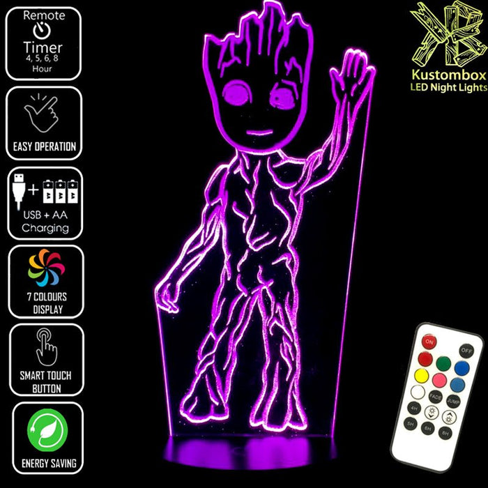 Groot Guardians of the Galaxy Marvel - 3D LED Night Light 7 Colours + Remote Control - Kustombox
