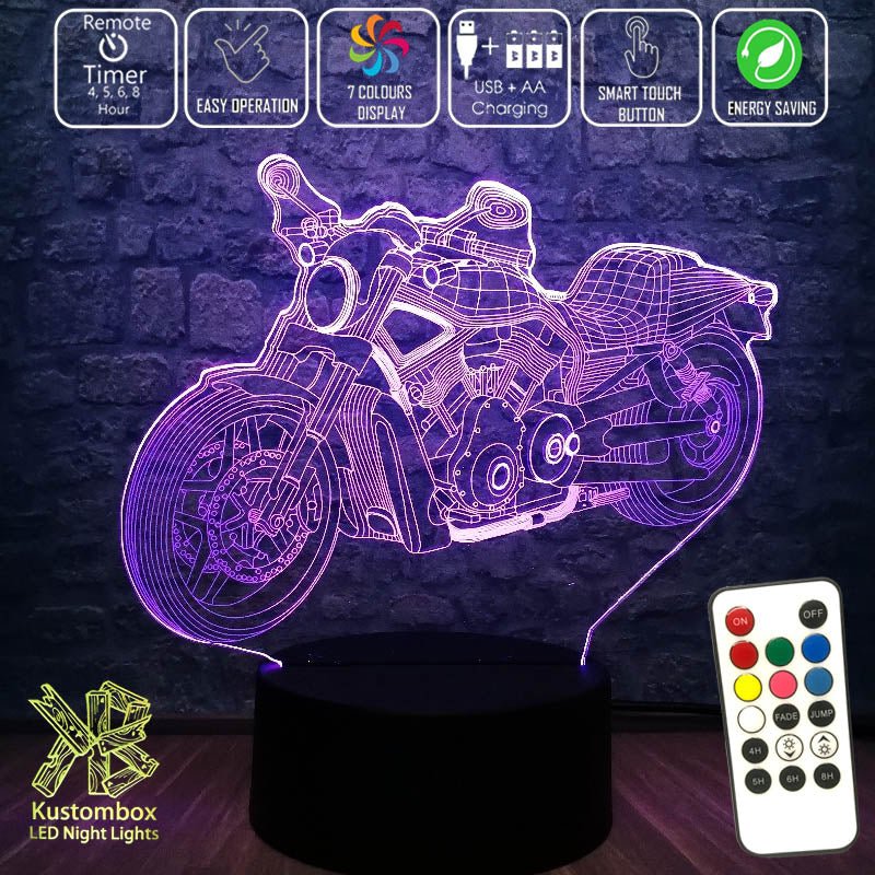 Harley Davidison Motorbike 3D - LED Night Light 7 Colours + Remote Control - Kustombox