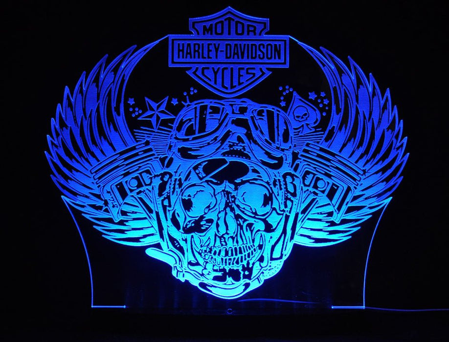 Harley Davidison Skull Piston Motorbike - 3D LED Night Light 7 Colours + Remote Control - Kustombox
