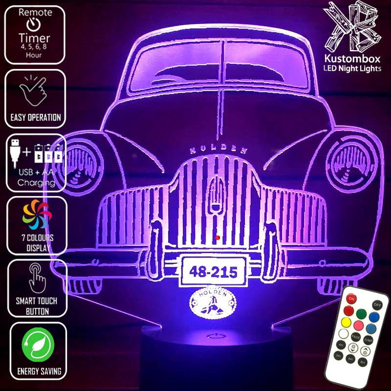 Holden FX Holden 48-215 / 1948 to 1953- 3D LED night light engraved on clear acrylic with vibrant multi-colour glow, ideal for man caves and garages