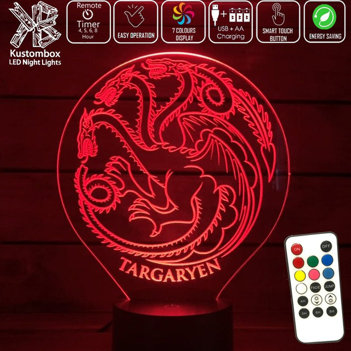 House of Targaryen Sigil Game of Thrones - 3D LED Night Light 7 Colours + Remote Control - Kustombox