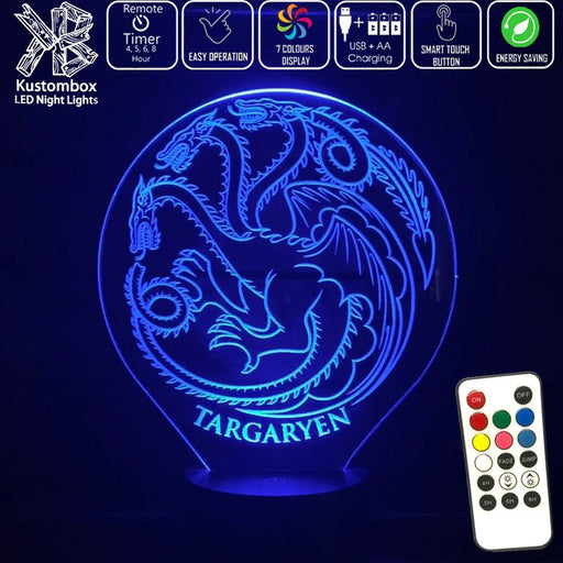House of Targaryen Sigil Game of Thrones - 3D LED Night Light 7 Colours + Remote Control - Kustombox