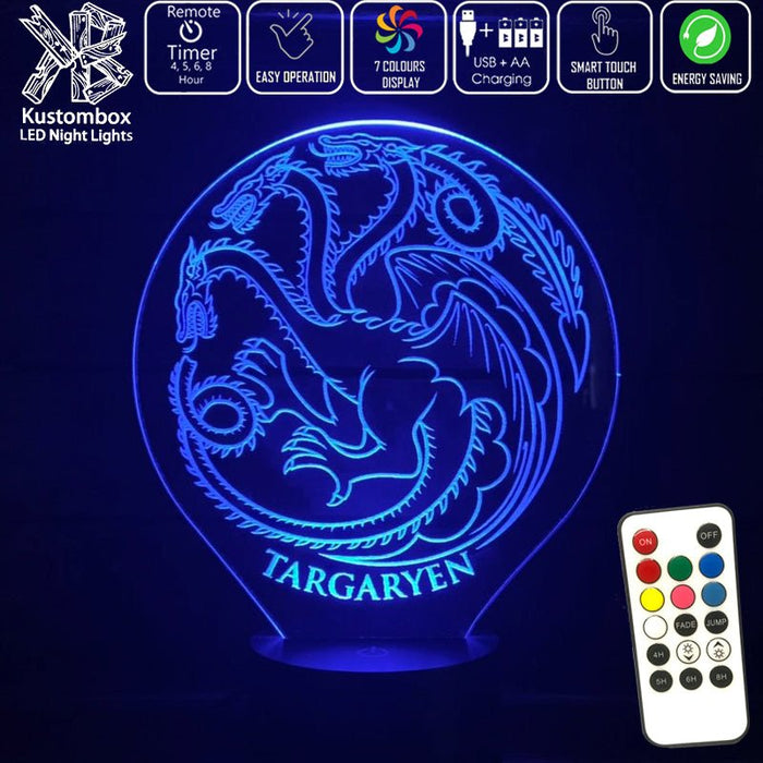 House of Targaryen Sigil Game of Thrones - 3D LED Night Light 7 Colours + Remote Control - Kustombox