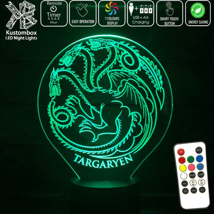 House of Targaryen Sigil Game of Thrones - 3D LED Night Light 7 Colours + Remote Control - Kustombox