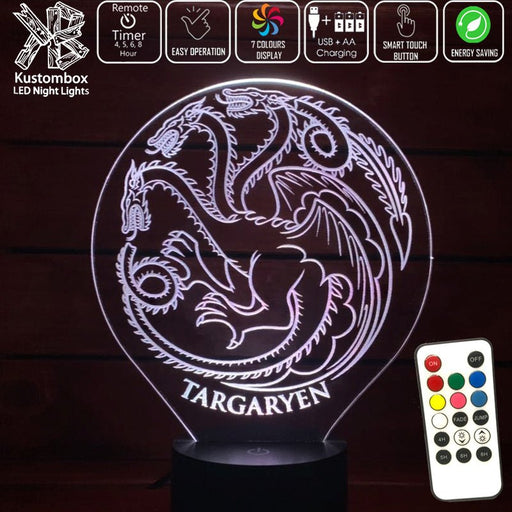 House of Targaryen Sigil Game of Thrones - 3D LED Night Light 7 Colours + Remote Control - Kustombox