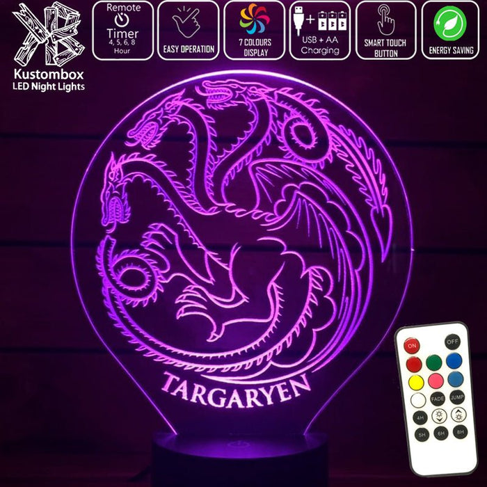 House of Targaryen Sigil Game of Thrones - 3D LED Night Light 7 Colours + Remote Control - Kustombox