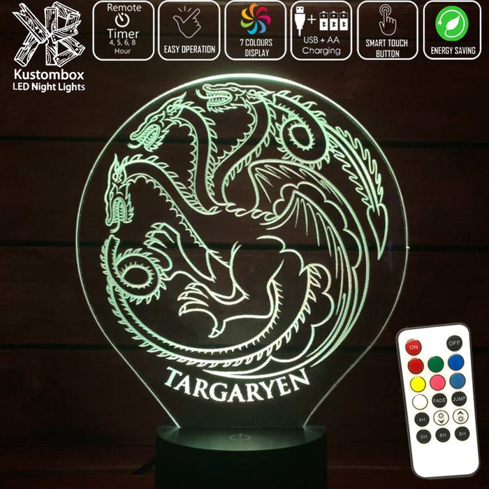 House of Targaryen Sigil Game of Thrones - 3D LED Night Light 7 Colours + Remote Control - Kustombox
