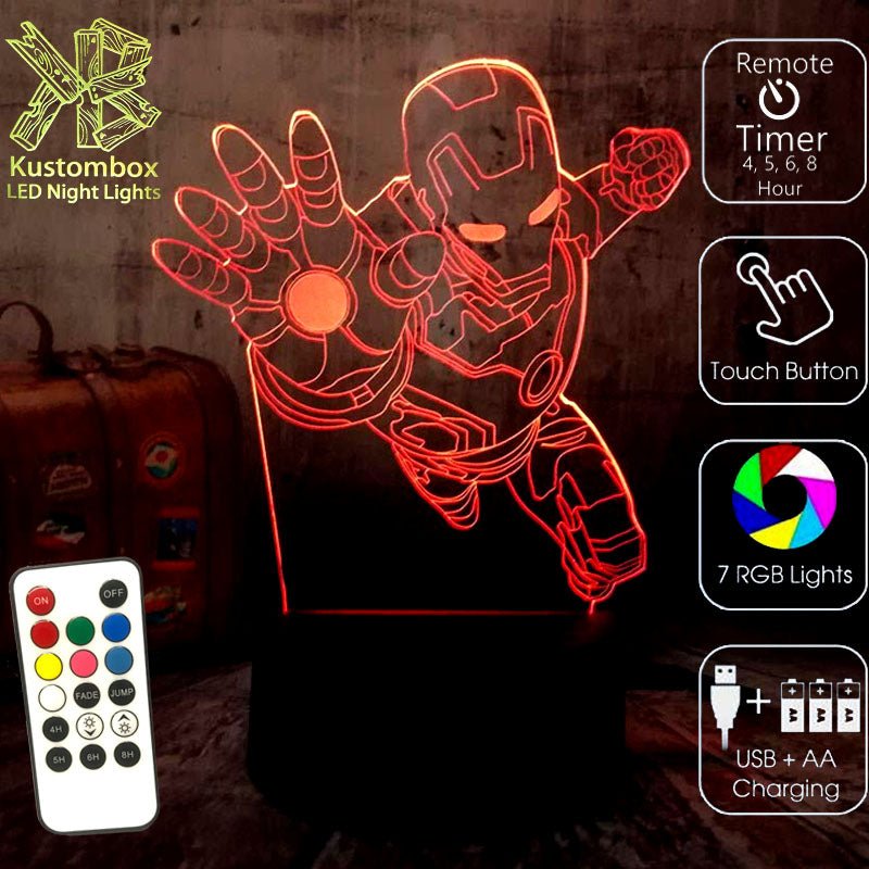Iron Man Arm Out Avengers - 3D LED Night Light 7 Colours + Remote Control - Kustombox