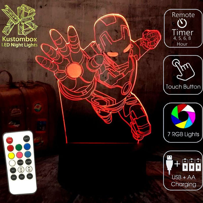 Iron Man Arm Out Avengers - 3D LED Night Light 7 Colours + Remote Control - Kustombox