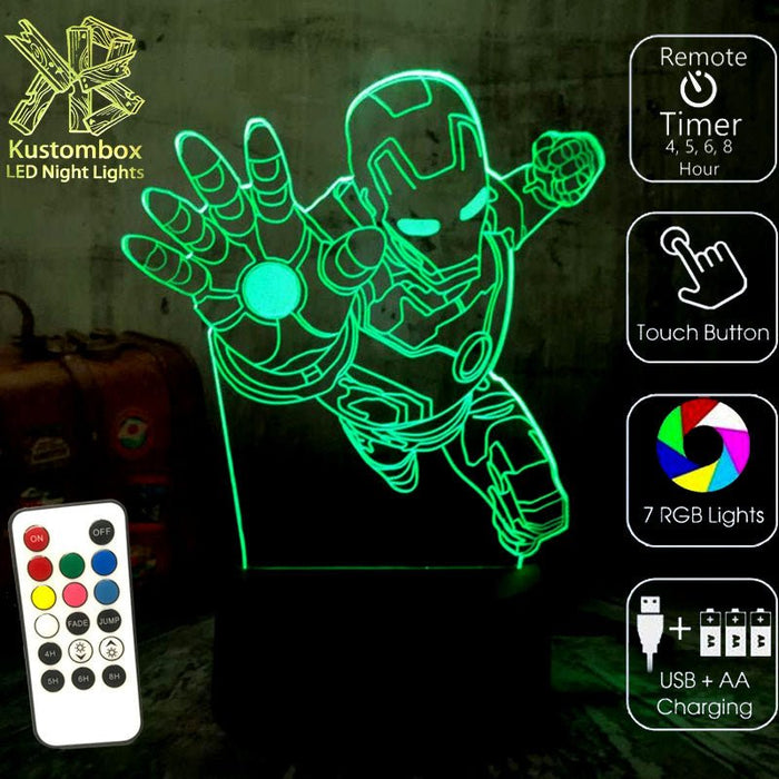Iron Man Arm Out Avengers - 3D LED Night Light 7 Colours + Remote Control - Kustombox
