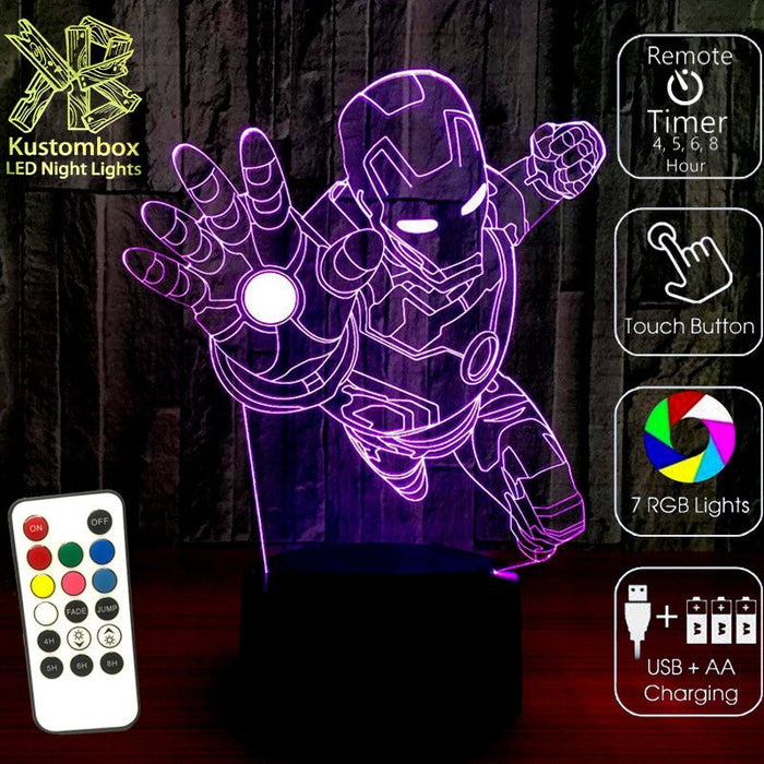 Iron Man Arm Out Avengers - 3D LED Night Light 7 Colours + Remote Control - Kustombox