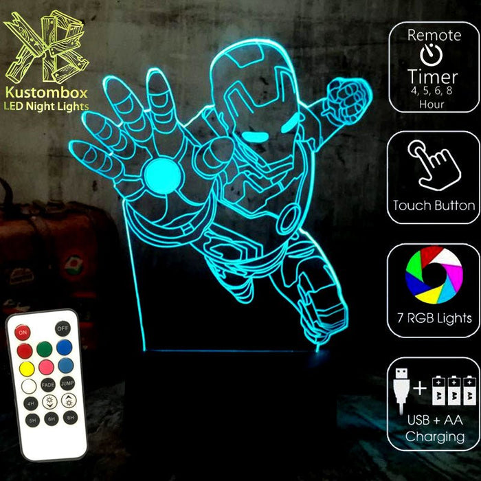 Iron Man Arm Out Avengers - 3D LED Night Light 7 Colours + Remote Control - Kustombox