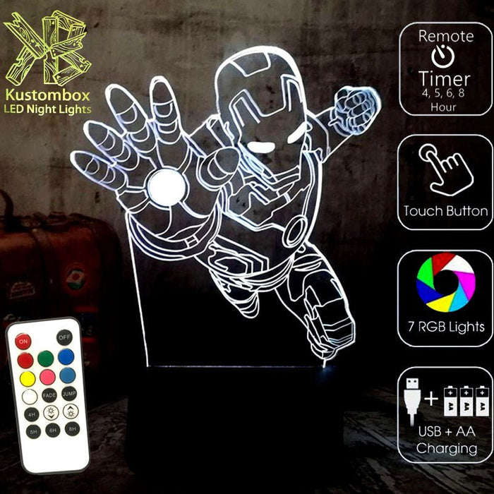 Iron Man Arm Out Avengers - 3D LED Night Light 7 Colours + Remote Control - Kustombox