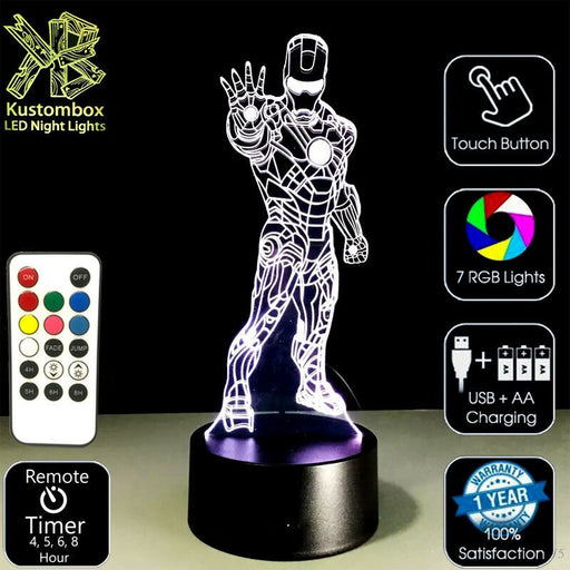 Iron Man Avengers Tony Stark- 3D LED Night Light 7 Colours + Remote Control - Kustombox