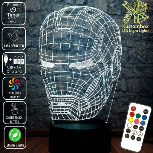 Iron Man Mask Avengers Tony Stark- 3D LED Night Light 7 Colours + Remote Control - Kustombox