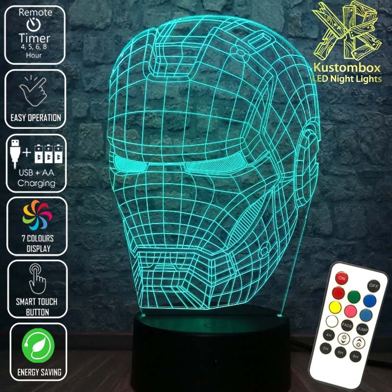 Iron Man Mask Avengers Tony Stark- 3D LED Night Light 7 Colours + Remote Control - Kustombox