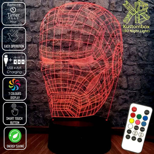 Iron Man Mask Avengers Tony Stark- 3D LED Night Light 7 Colours + Remote Control - Kustombox