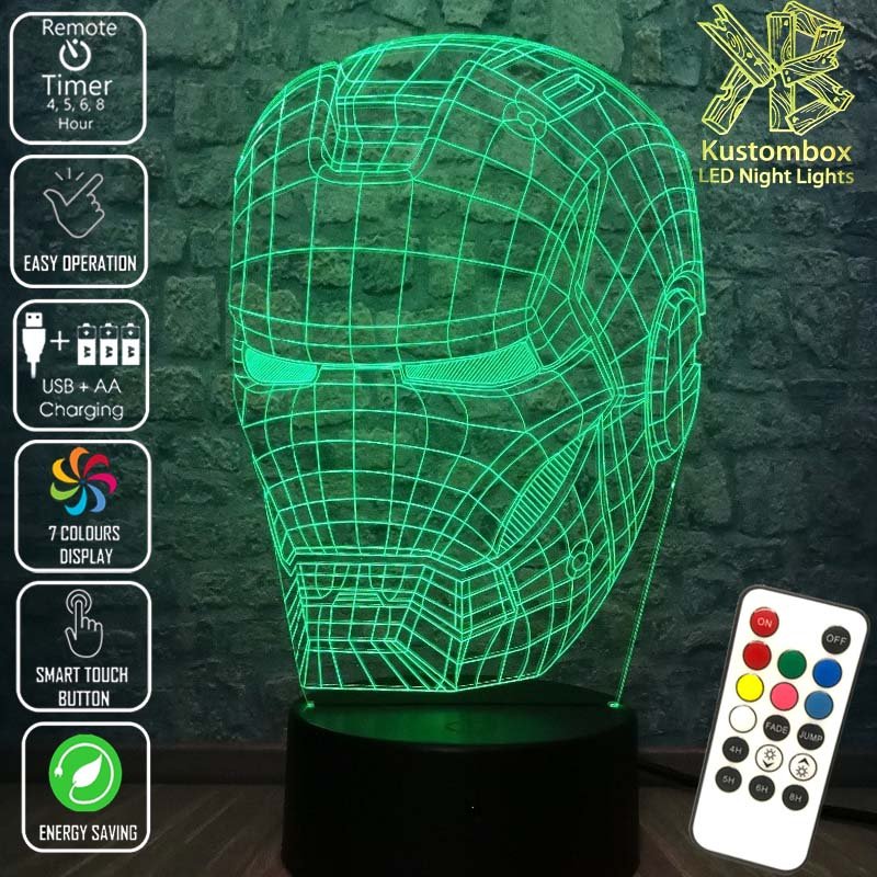 Iron Man Mask Avengers Tony Stark- 3D LED Night Light 7 Colours + Remote Control - Kustombox
