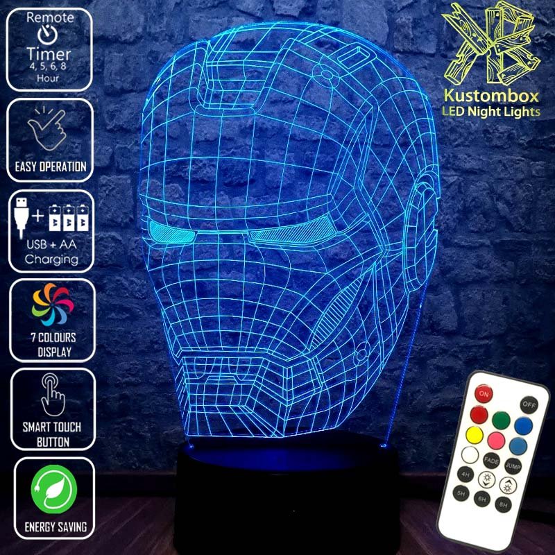 Iron Man Mask Avengers Tony Stark- 3D LED Night Light 7 Colours + Remote Control - Kustombox
