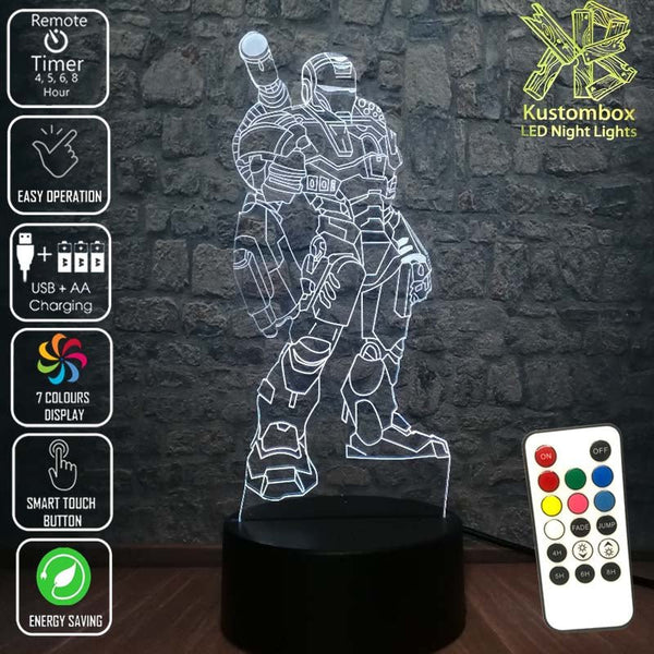 Iron Man War Machine Avengers Tony Stark- 3D LED Night Light 7 Colours + Remote Control - Kustombox