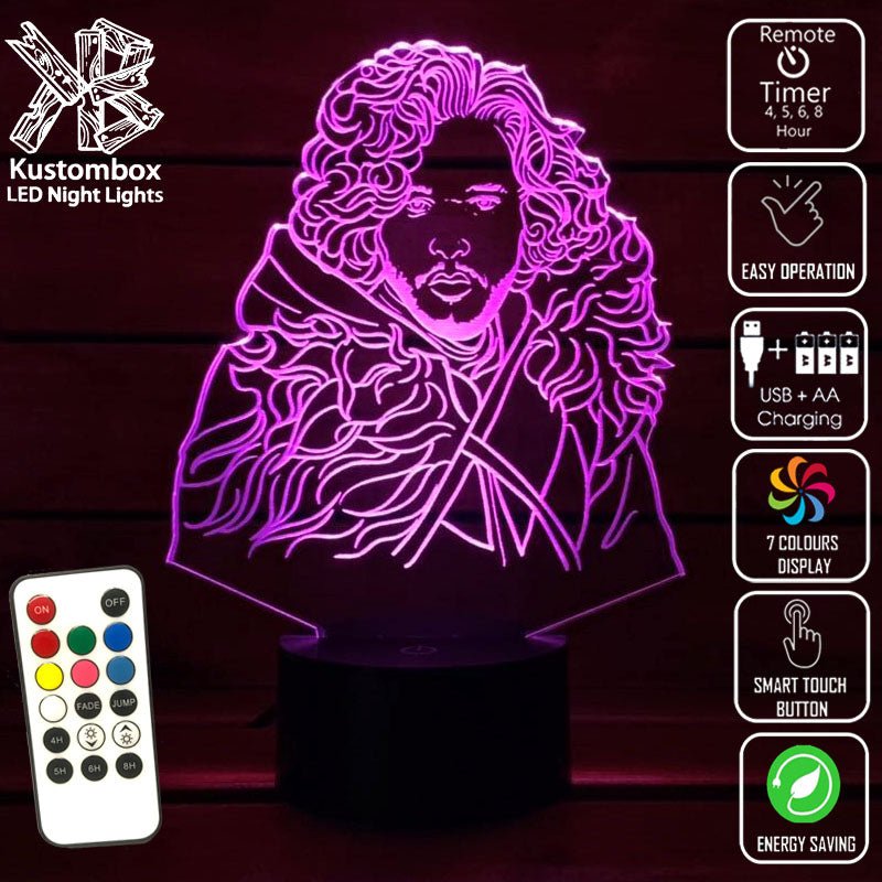 Jon Snow Game of Thrones - 3D LED Night Light 7 Colours + Remote Control - Kustombox