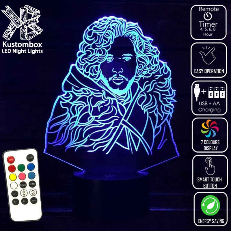 Jon Snow Game of Thrones - 3D LED Night Light 7 Colours + Remote Control - Kustombox