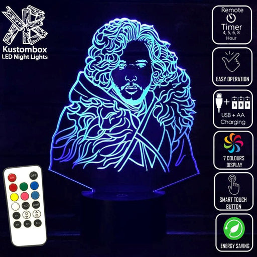 Jon Snow Game of Thrones - 3D LED Night Light 7 Colours + Remote Control - Kustombox