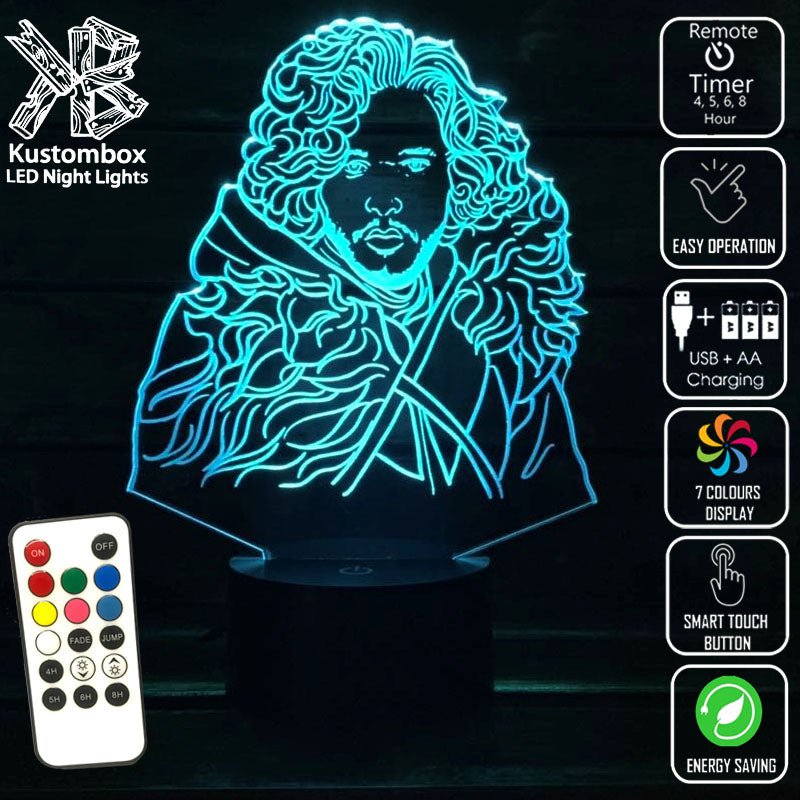 Jon Snow Game of Thrones - 3D LED Night Light 7 Colours + Remote Control - Kustombox