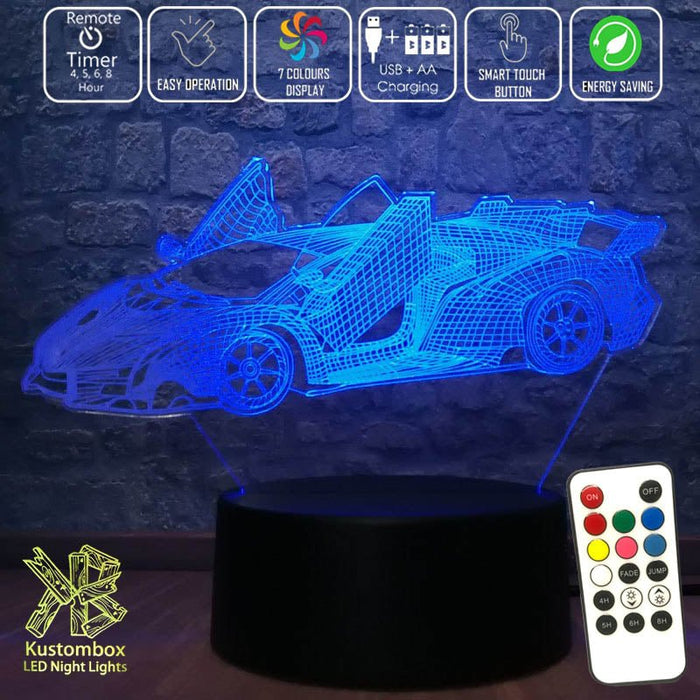 Lamborghini Sports Car 3D - LED Night Light 7 Colours + Remote Control - Kustombox