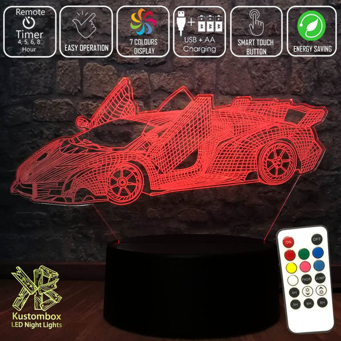 Lamborghini Sports Car 3D - LED Night Light 7 Colours + Remote Control - Kustombox