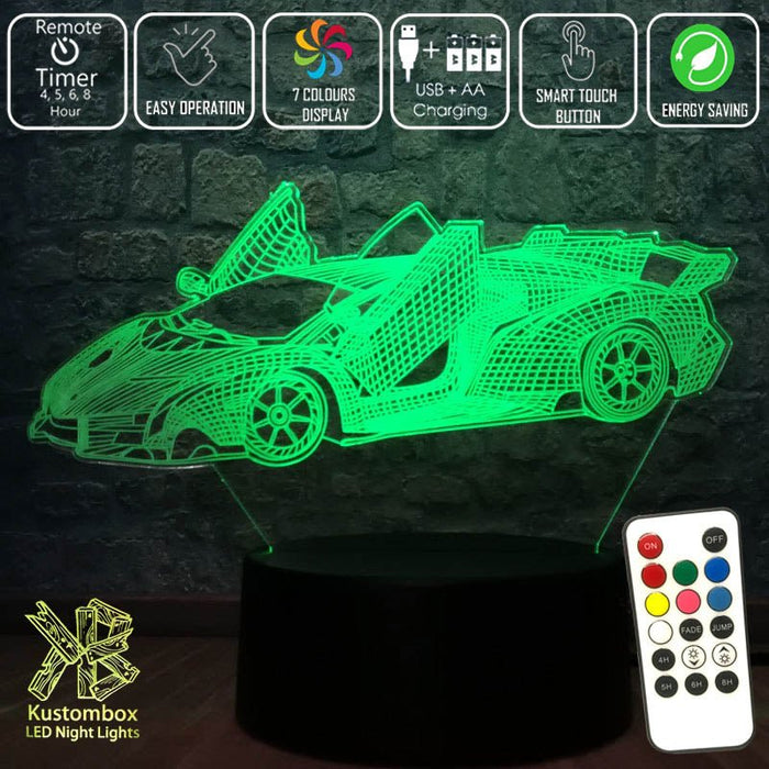Lamborghini Sports Car 3D - LED Night Light 7 Colours + Remote Control - Kustombox
