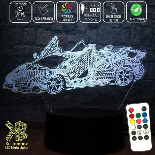 Lamborghini Sports Car 3D - LED Night Light 7 Colours + Remote Control - Kustombox