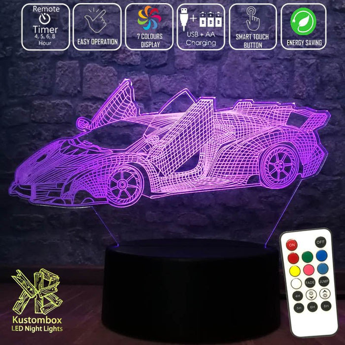 Lamborghini Sports Car 3D - LED Night Light 7 Colours + Remote Control - Kustombox