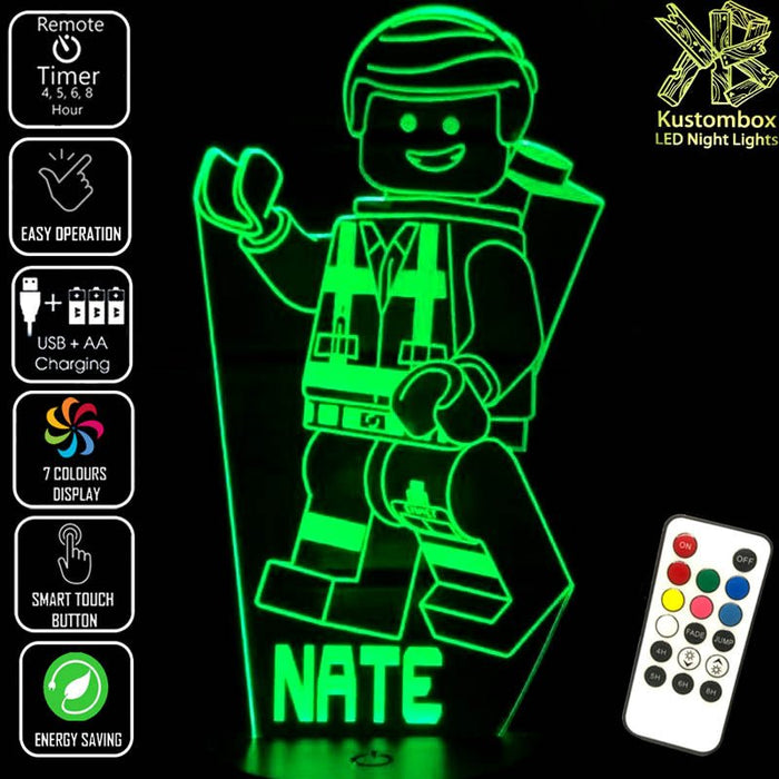Lego Movie Emment Character Personalised Name - 3D LED Night Light 7 Colours + Remote Control - Kustombox