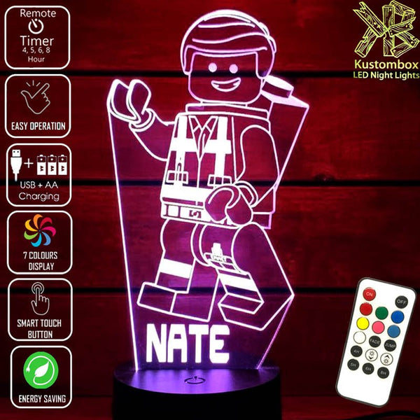 Lego Movie Emment Character Personalised Name - 3D LED Night Light 7 Colours + Remote Control - Kustombox