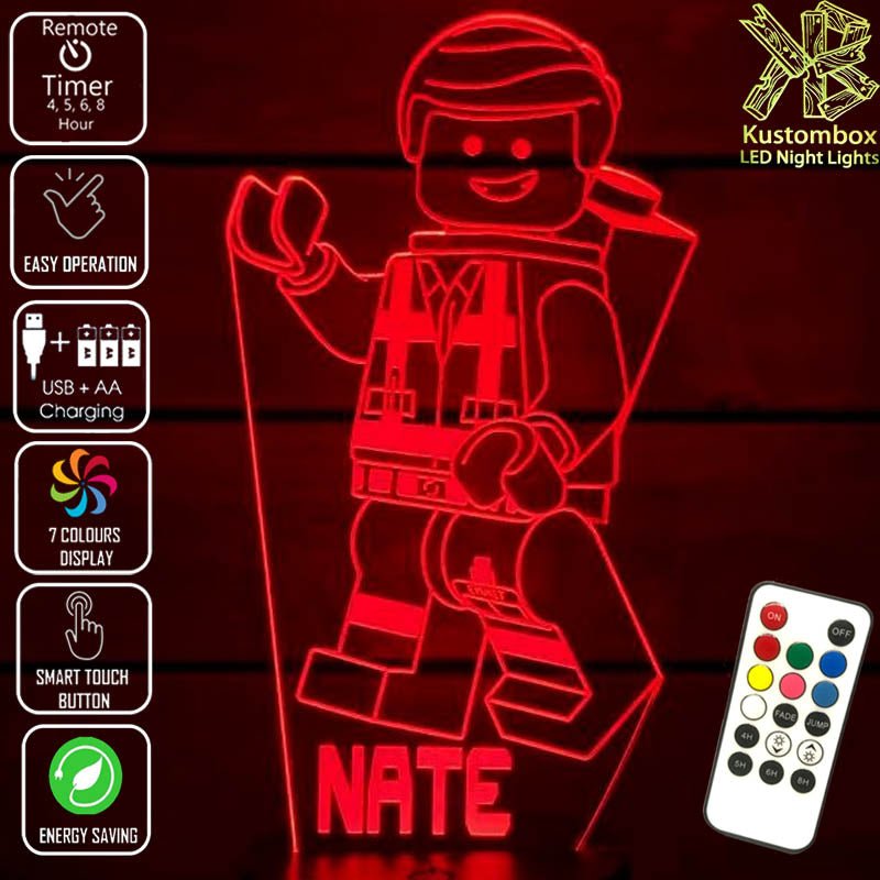 Lego Movie Emment Character Personalised Name - 3D LED Night Light 7 Colours + Remote Control - Kustombox