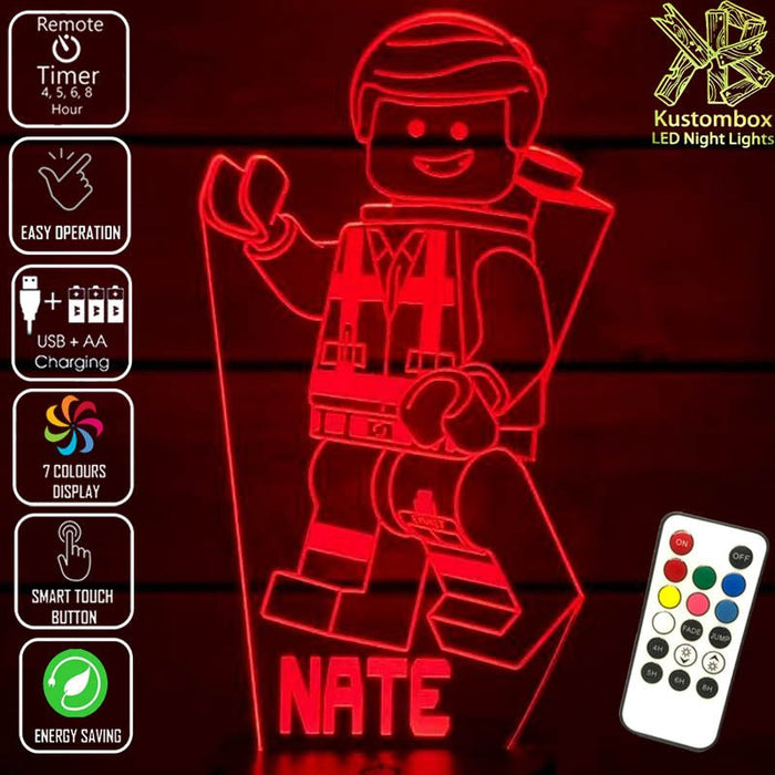 Lego Movie Emment Character Personalised Name - 3D LED Night Light 7 Colours + Remote Control - Kustombox