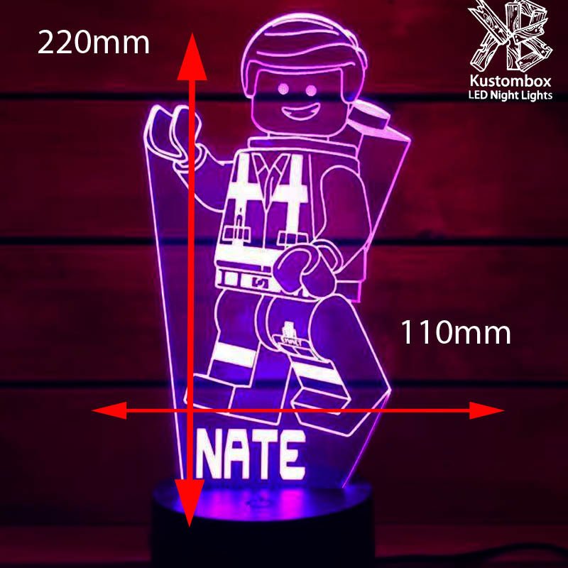 Lego Movie Emment Character Personalised Name - 3D LED Night Light 7 Colours + Remote Control - Kustombox