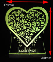 Love Heart Flower Personalised Name - 3D LED Night Light 7 Colours + Remote Control - Kustombox